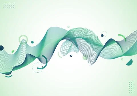 Abstract dynamic wave wavy green lines with geometric elements on white backg 스톡 일러스트