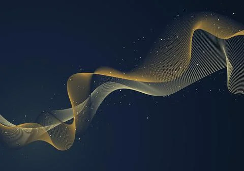 Abstract dynamic wave wavy yellow lines with dot particles elements on dark b Stock Illustration