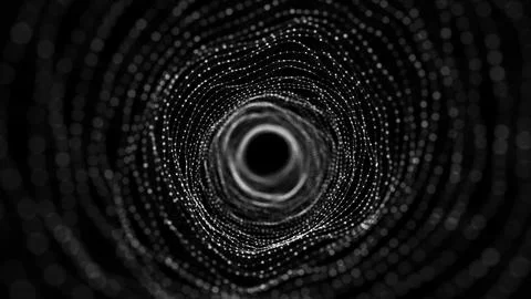 Abstract dynamic wireframe tunnel on black background. Deep wavy wormhole. .. Stock Illustration
