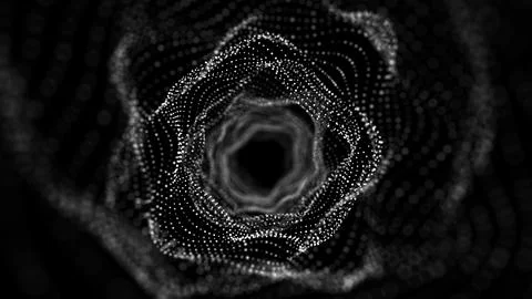 Abstract dynamic wireframe tunnel on black background. Deep wavy wormhole. Fu Illustrazione stock