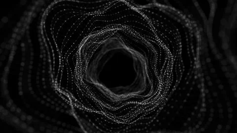 Abstract dynamic wireframe tunnel on black background. Deep wavy wormhole. .. Illustrazione stock