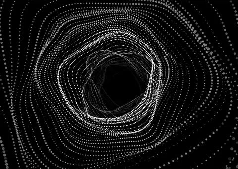 Abstract dynamic wireframe tunnel on black background. Deep wave wormhole. Fu Stock Illustration