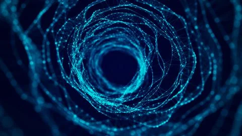 Abstract dynamic wireframe tunnel on blue background. Deep wavy wormhole. F.. Stock Illustration