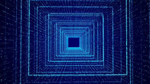 Abstract dynamic wireframe tunnel on blue background. Futuristic 3D portal. F 스톡 일러스트