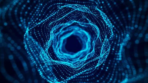 Abstract dynamic wireframe tunnel on blue background. Deep wavy wormhole. F.. Stock Illustration