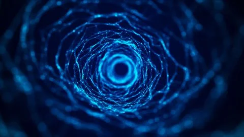 Abstract dynamic wireframe tunnel on blue background. Deep wavy wormhole. F.. Stock Illustration