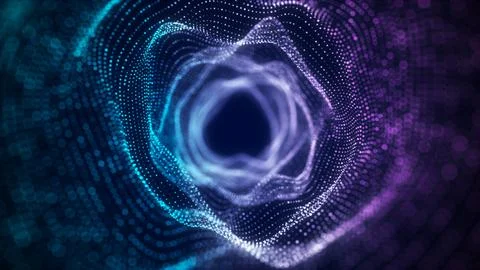 Abstract dynamic wireframe tunnel on blue background. Deep wavy wormhole. F.. Stock Illustration