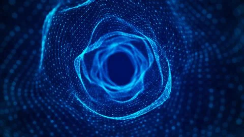 Abstract dynamic wireframe tunnel on blue background. Deep wavy wormhole. F.. Illustrazione stock