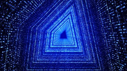 Abstract dynamic wireframe tunnel on blue background. Futuristic 3D portal... Illustrazione stock