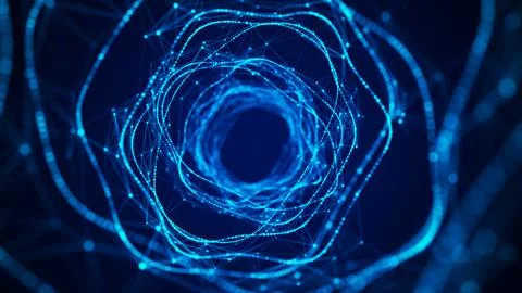 Abstract dynamic wireframe tunnel on blue background. Deep wavy wormhole. F.. Illustrazione stock