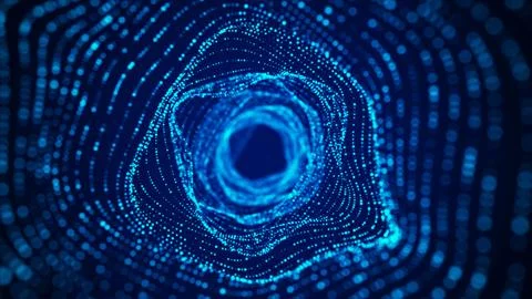 Abstract dynamic wireframe tunnel on blue background. Deep wavy wormhole. F.. Stock Illustration