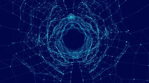Abstract dynamic wireframe tunnel on blue background. Deep wave wormhole. Fut Stock Illustration