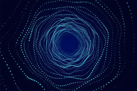 Abstract dynamic wireframe tunnel on blue background. Deep wave wormhole. Fut 스톡 일러스트