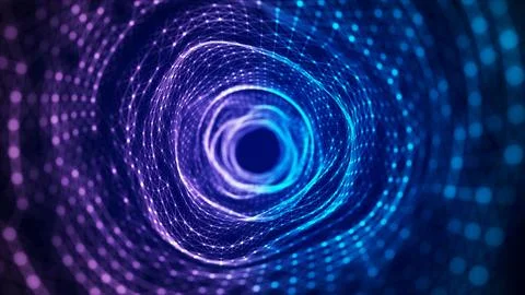 Abstract dynamic wireframe tunnel. Deep wavy wormhole. Futuristic particle fl Stock Illustration