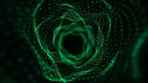 Abstract dynamic wireframe tunnel on green background. Deep wavy wormhole. .. Illustrazione stock