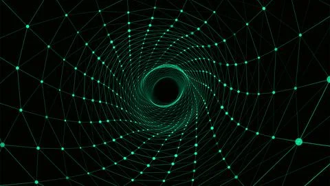 Abstract dynamic wireframe tunnel on green background. Deep wave wormhole. Fu Stock Illustration