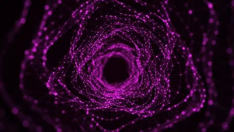 Abstract dynamic wireframe tunnel on purple background. Deep wave wormhole... Stock Illustration