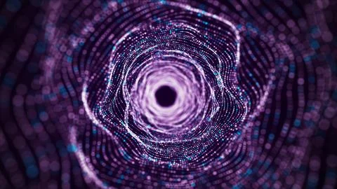 Abstract dynamic wireframe tunnel on purple background. Deep wavy wormhole. F Stock Illustration