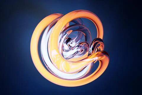 Abstract dynamic yellow neon  shape with blue smooth objects, sides. 3D illus Stock Illustration