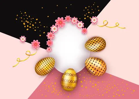 Abstract Easter background with decorated golden eggs, ribbons and confetti. Stock Illustration