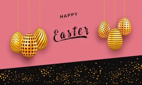 Abstract easter background decorated with hanging gold eggs and confetti. Stock Illustration