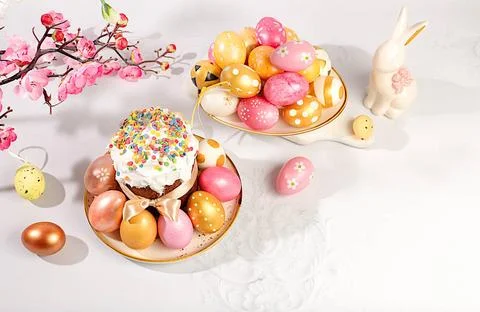 Abstract Easter composition with traditional Russian kulich with meringue ... 写真素材