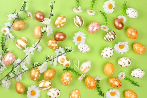 Abstract Easter composition,spring banner with sakura flowers and painted ... Stock Photos