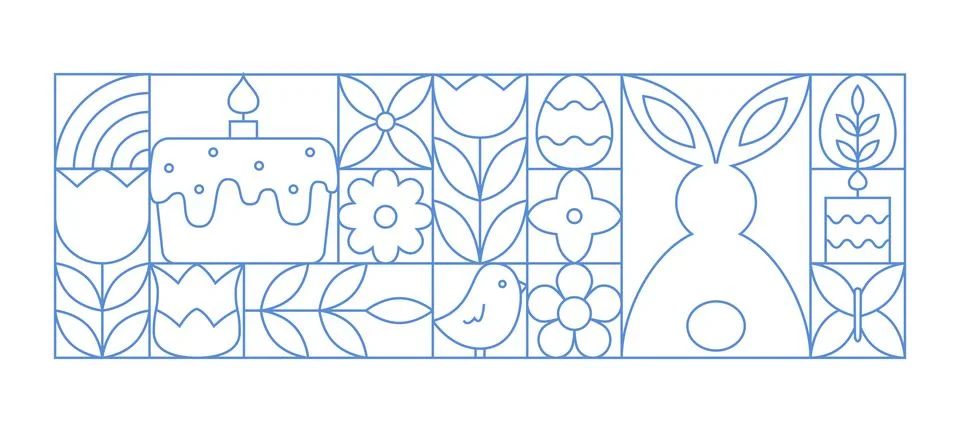 Abstract easter geometric banner, border. Outline tulip, bunny, easter cake, egg Stock Illustration