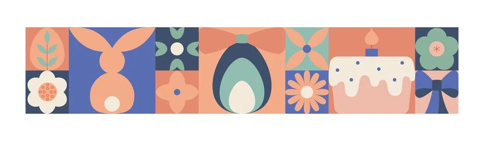 Abstract easter geometric border. with simple bright easter bunny, egg, cake 스톡 일러스트