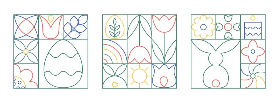 Abstract easter geometric cards template with easter eggs, flowers, tulip Stock Illustration