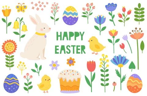Abstract Easter Vector Set with Bunny, Chick, Eggs and Flowers イラスト素材