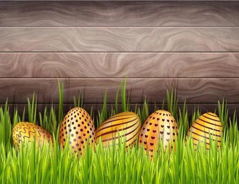 Abstract Easter wooden background with bottom border of decorated golden eggs Stock Illustration