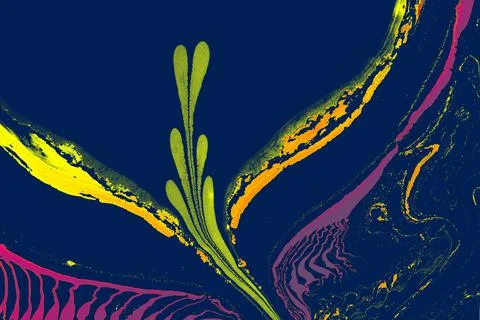 An abstract ebru technique texture with petal-like elements and wavy lines in Illustrazione stock