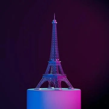 Abstract Eiffel Tower Building on a Pedestal in Neon Light. 3d Rendering Ilustración de archivo