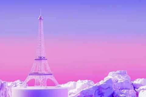 Abstract Eiffel Tower Building on a Pedestal in Neon Light. 3d Rendering Stock Illustration