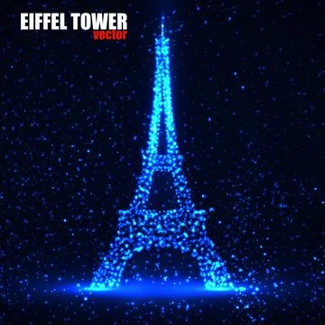 Abstract Eiffel Tower of glowing particles. Vector Stock Illustration