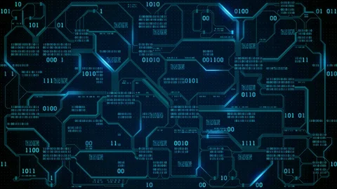 Abstract electronic circuit board with binary code, neural network and big data Stock Footage 87909187