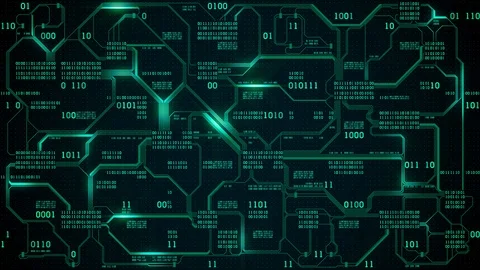 Abstract electronic circuit board with binary code, neural network and big data Stock Footage