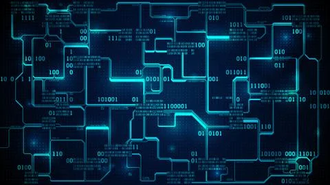Abstract electronic circuit board with binary code, neural network big data Illustrazione stock