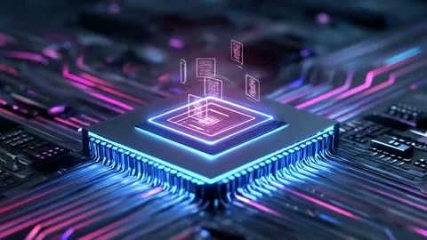 Abstract electronic circuit board with glowing processor and data icons Stock Footage 319439036