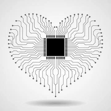 Abstract electronic circuit board in shape of heart, technology background Illustrazione stock