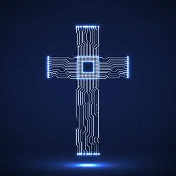 Abstract electronic circuit board in shape of cross with cpu. Christian Symbo Stock Illustration