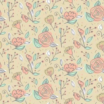 Abstract elegance seamless pattern with hand drawn flowers. Stock Illustration