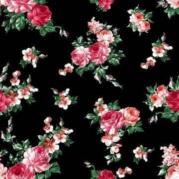 Abstract Elegance Seamless pattern with large watercolor flowers on black backgr Stock Illustration