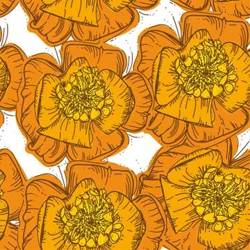 Abstract Elegance Seamless pattern orange flowers with brown contour on white Stock Illustration