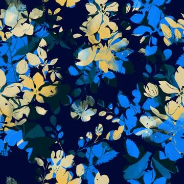 Abstract Elegance Seamless pattern with watercolor flowers on blue background. Stock Illustration