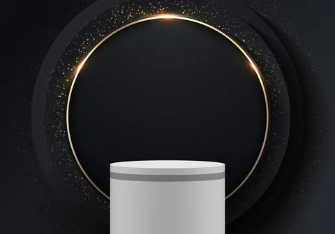 Abstract elegant 3D white podium with black circles layer backdrop golden rin Stock Illustration