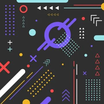 Abstract elements geometric colorful pattern circle, triangle, line on black Stock Illustration