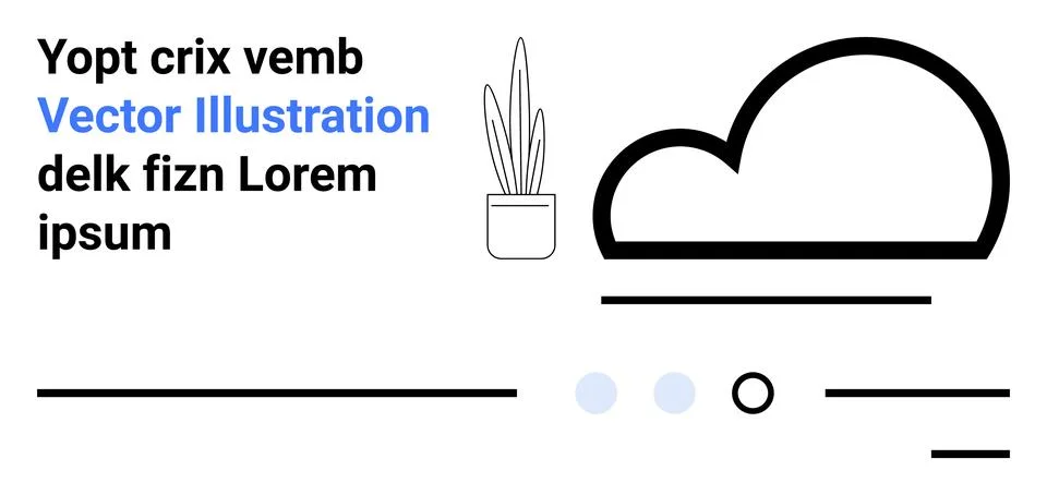 Abstract elements include a potted plant, cloud outline, and placeholder text Stock Illustration