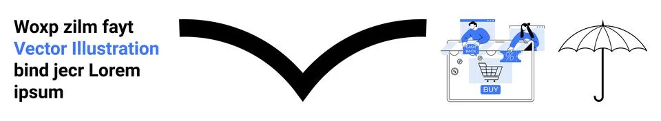 Abstract elements including a downward arrow, an online shopping scene, an um イラスト素材